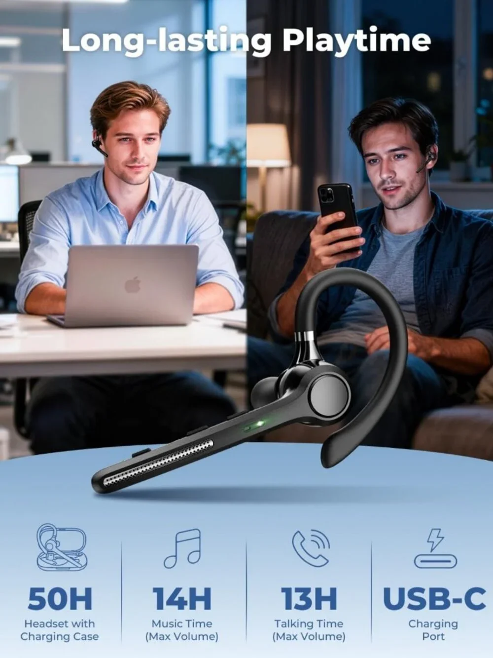 Wireless Bluetooth Headset V5.4 with 500mAh Case, 50H Talk Time, Noise